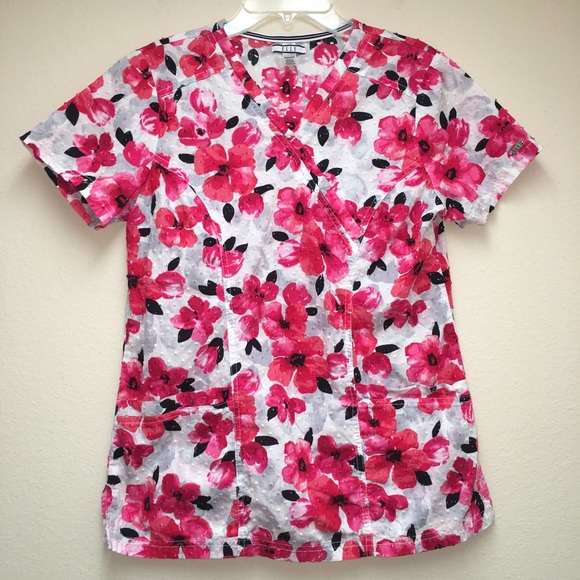 Elle Tops - ELLE Scrub Top - Size XS Floral V-neck 2-Pockets
